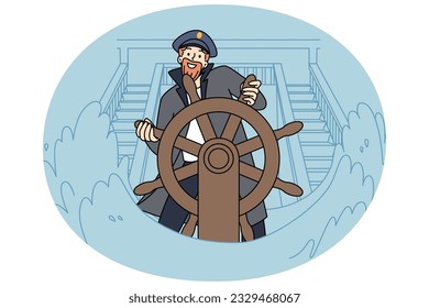 Smiling captain standing at ship wheel during sea storm. Happy skipper at boat helm at ocean waves. Seatime and marine life. Vector illustration.