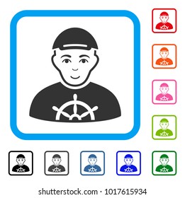 Smiling Captain vector icon. Person face has happiness emotion. Black, grey, green, blue, red, pink color versions of captain symbol inside a rounded rectangular frame. A boy in a cap.