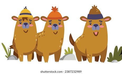 Smiling capybara with a hat, bringing joy to the scene.