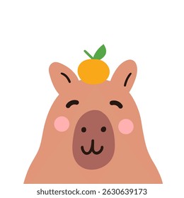 Smiling capybara head illustration. Cute kawaii cartoon character. Flat vector design