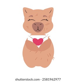 Smiling capybara holding a love letter with a heart on a white background. Perfect for Valentine's Day, greeting cards, romantic messages