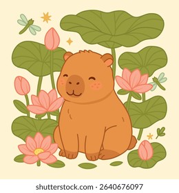 Smiling capybara sitting among lotus flowers and leaves. Perfect for children’s products, nursery prints, stationery, t-shirt print and kawaii-themed designs. Cute flat vector illustration