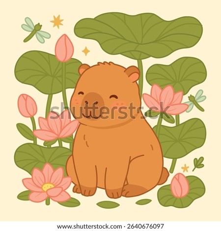 Smiling capybara sitting among lotus flowers and leaves. Perfect for children’s products, nursery prints, stationery, t-shirt print and kawaii-themed designs. Cute flat vector illustration
