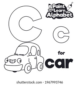 Coche sonriente con letras 'C' en majestuoso y minúsculo, listo para la clase gramatical durante el aprendizaje del alfabeto.