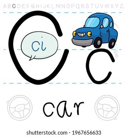 Coche sonriente practicando la pronunciación de la letra 'C' en inglés y aprendiendo el alfabeto.