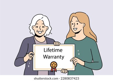 Smiling caregiver with elderly patient holding lifetime warranty food good quality service. Happy mature woman with guarantee assurance certificate in hands. Vector illustration. 