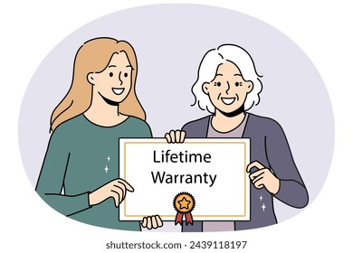 Smiling caregiver with elderly patient holding lifetime warranty food good quality service. Happy mature woman with guarantee assurance certificate in hands. Vector illustration.