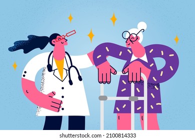 Smiling caring doctor help senior woman patient walk on crutches in rehab center or clinic. Attentive female nurse support assist old grandmother client in hospital. Geriatric. Vector illustration. 