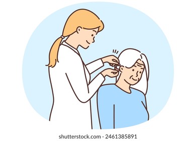 Smiling caring female doctor put hearing device on ear of elderly woman patient. Happy nurse help mature client with hearing aids gadget. Vector illustration.