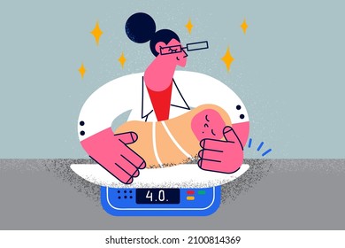 Smiling caring woman nurse weigh small newborn baby kid after labor in hospital. Attentive doctor do checkup examination of infant child in clinic. Childbirth concept. Vector illustration. 