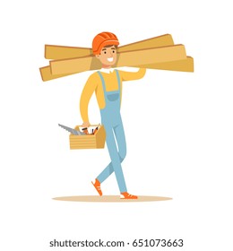Smiling carpenter carrying box of tools and wooden planks, professional wood jointer character vector Illustration