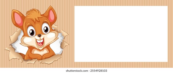 Smiling cartoon animal peeking through torn paper