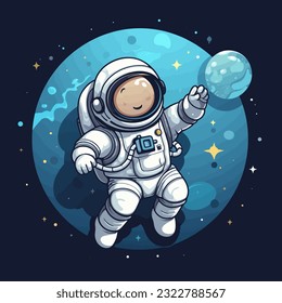 A smiling cartoon astronaut is seen floating weightlessly in space