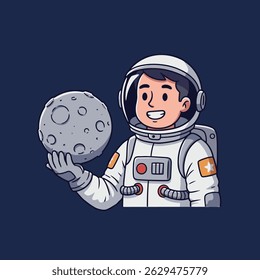 Smiling cartoon astronaut with a space helmet, sitting on the moon and pointing at a satellite toy in his hand.