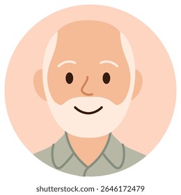 Smiling cartoon avatar of senior man with white hair and beard. Flat style, isolated on pastel background. Stock vector illustration in flat cartoon style.
