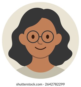 Smiling cartoon avatar of young black woman with wavy hair and glasses. Flat style, isolated on pastel background. Stock vector illustration in flat cartoon style.
