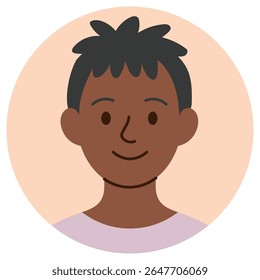 Smiling cartoon avatar of young black boy with short spiky hair. Flat style, isolated on pastel background. Stock vector illustration in flat cartoon style.

