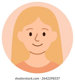 Avatar de desenho animado sorridente de jovem loira com cabelo comprido e pele clara. Estilo plano, isolado em fundo pastel. Ilustração de vetor de estoque em estilo de desenho animado plano.
