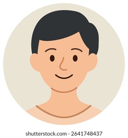 Smiling cartoon avatar of young man with short dark hair and light skin. Flat style, isolated on pastel background. Stock vector illustration in flat cartoon style.