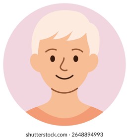 Avatar de desenho animado sorridente de pessoa jovem com cabelo loiro luz curta e pele clara. Estilo plano, isolado em fundo pastel. Ilustração de vetor de estoque em estilo de desenho animado plano.
