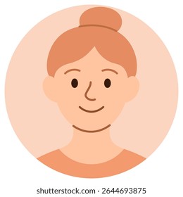 Avatar de desenho animado sorridente de jovem ruiva mulher com cabelo bun e pele clara. Estilo plano, isolado em fundo pastel. Ilustração de vetor de estoque em estilo de desenho animado plano.

