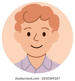 Avatar de desenho animado sorridente de jovem ruivo com cabelo ondulado e pele clara. Estilo plano, isolado em fundo pastel. Ilustração de vetor de estoque em estilo de desenho animado plano.
