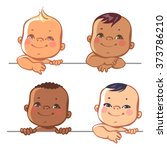 Smiling cartoon baby boys. Multinational baby portrait. Multi-ethnic set of four babies. Different nationalities. Toddlers holding  blank banner. Vector illustration for your product.