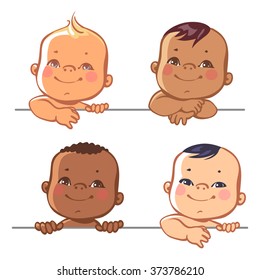 Smiling cartoon baby boys. Multinational baby portrait. Multi-ethnic set of four babies. Different nationalities. Toddlers holding  blank banner. Vector illustration for your product.