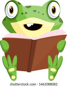 Smiling cartoon baby frog reading a book, illustration, vector on white background.