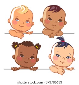 Smiling cartoon baby girls. Multinational baby portrait. Multi-ethnic set of four babies. Different nationalities. Toddlers holding  blank banner. Vector illustration for your product.