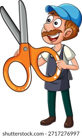 Peluquero sonriente de la historieta en el delantal y el casquillo que sostiene las tijeras naranjas Grandes, fondo blanco, estilo del Vector