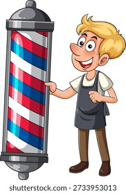 Smiling cartoon barber in apron points at traditional red, white, blue striped barber pole illustration
