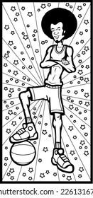 A smiling cartoon basketball player with an afro.