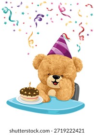 Ilustración vectorial de cumpleaños sonriente del oso de la historieta con la torta
