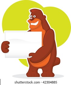 Smiling Cartoon Bear holding a glossy sign board on green background