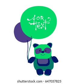 Smiling cartoon bear holds a big green balloon in the form of a circle banner for text. Isolated flat vector illustration for design.