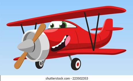 smiling cartoon biplane airplane flying in the sky vector illustration