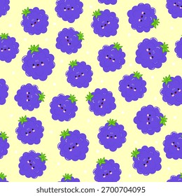Smiling cartoon blackberries creating a seamless, sweet, and fun purple fruit pattern on a light yellow background