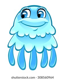 Smiling cartoon blue jellyfish isolated on white.