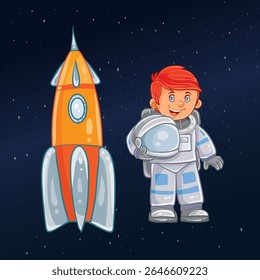 Smiling cartoon boy astronaut holding helmet beside an orange rocket ship in outer space with starry background.