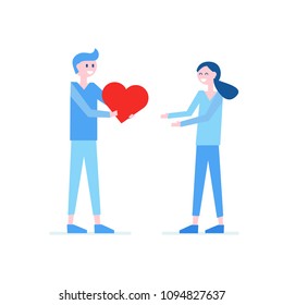 Smiling cartoon boy in casual clothes presenting beautiful happy girl red heart vector illustration. Bright symbol of love in male hands. Donation concept