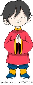 A smiling cartoon boy dressed in a red traditional Chinese outfit with yellow accents, standing with hands joined in a respectful greeting