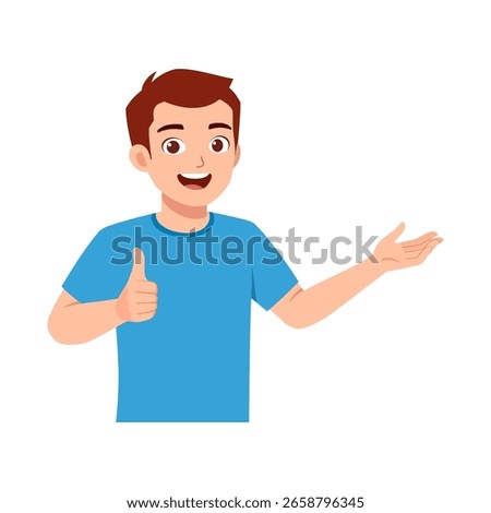 Smiling Cartoon Boy Giving a Thumbs Up While Presenting with Open Hand Gesture