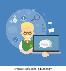 Smiling cartoon boy holding laptop with speech bubbles on screen. Social media banner on blue background with communication icons, vector illustration. Chatting, international network, media app