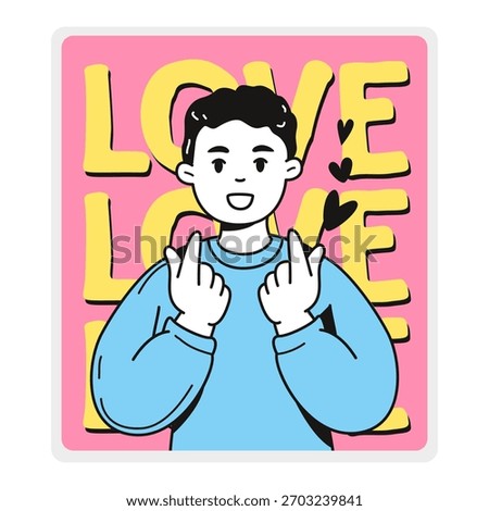 Smiling cartoon boy making finger heart gesture, bold LOVE text behind, pink background, symbolizing affection and positivity. Vector illustration