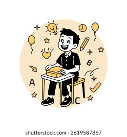 A smiling cartoon boy sitting at a classroom desk, preparing to answer a question, surrounded by school and learning icons