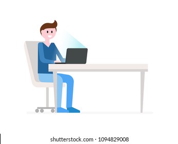 Smiling cartoon boy in stylish clothes working with laptop at the table in office flat vector illustration