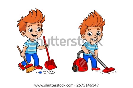 Smiling cartoon boy sweeping floor with broom and vacuum cleaner, learning to help at home
