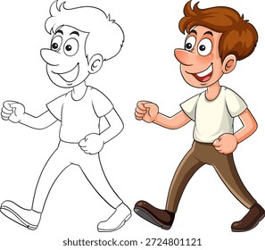 Smiling desenho animado menino andando, mostrado em ambos contorno preto e ilustração vetor de cor completa