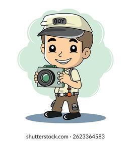 Smiling cartoon boy wearing beige cap while holding professional camera gear. Children hobby concept

